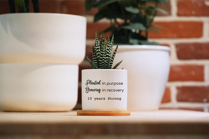 Sobriety gift - 3" White Pot w/ Tray - Custom Year - 1 year sobriety gift, Personalized Sobriety Gift for Men, Sobriety Gift for Women