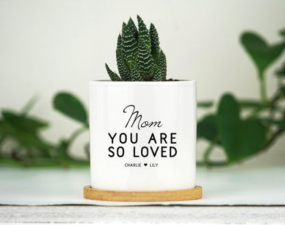 Personalized Mom Gift - 3" White Ceramic Pot w/ Bamboo Tray - Mom Christmas Gift For Her - I Love Mom - Custom Gift For Mom -  Mom Gift box