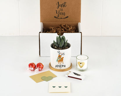 Personalized Christmas Baby Name Planter - 3" White Ceramic Pot w/ Bamboo Tray - New Baby Gift - Kids Name Gift Box - Baby Announcement