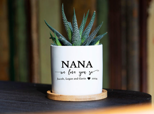 Personalized Nana Gift - 3" White Ceramic Pot w/ Bamboo Tray - Grandma Christmas Gift For Her - Gift Box - Custom Gift For Nana