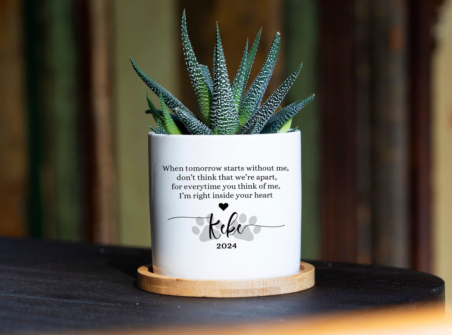Personalized Dog Memorial Gift Planter - 3" White Ceramic Pot w/ Bamboo Tray - "Forever Loved" - Dog Sympathy Gift - Pet Memorial