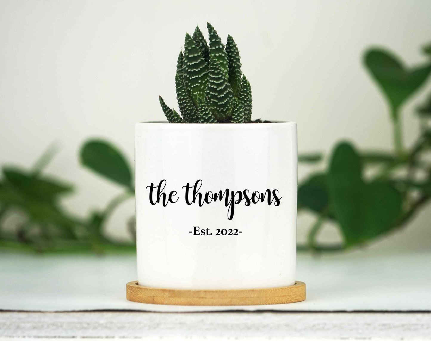 Personalized Planter Engagement Gift - 3" White Ceramic Pot w/ Bamboo Tray -Custom Engagement Gift For Couple - Wedding Gift - New Family
