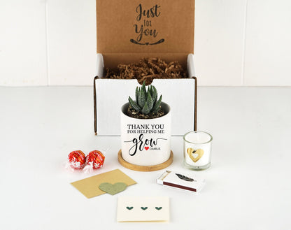 Custom Planter Teacher Gift Box - Thank You For Helping Me Grow Gift - 3" White Pot w/ Bamboo Tray -Teacher Flower Pot - Succulent Gift Box
