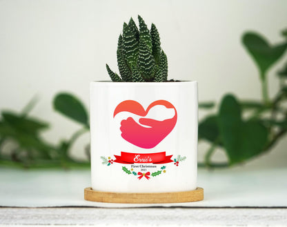 Personalized Dog First Christmas Gift Planter - 3" White Ceramic Pot w/ Bamboo Tray - Dog First Christmas Gift - Pet Memorial