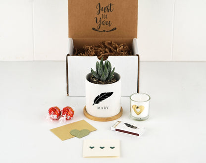 Personalized Birthday Gift - 3" White Ceramic Pot w/ Bamboo Tray - Custom Succulent Pot - New Baby Name - Plant Love Gift - Friend Gift