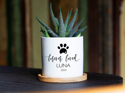 Personalized Dog Memorial Gift Planter - 3" White Ceramic Pot w/ Bamboo Tray - "Forever Loved" - Pet Memorial
