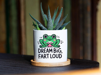 Bathroom Humor Planter - 3 Inch White Ceramic Pot w/ Bamboo Tray - Restroom Decor, Restroom Sayings, Fart Loud, Funny Bathroom Signs