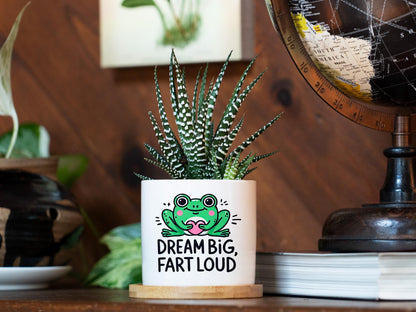 Bathroom Humor Planter - 3 Inch White Ceramic Pot w/ Bamboo Tray - Restroom Decor, Restroom Sayings, Fart Loud, Funny Bathroom Signs