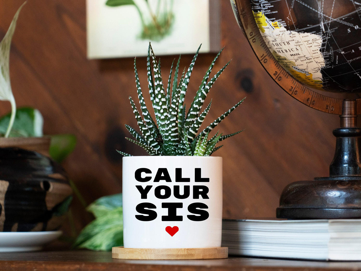 Call Your Sister Planter Gift - 3" White Ceramic Pot w/ Bamboo Tray, Sister Birthday Gift , Sister In Law Birthday Gift
