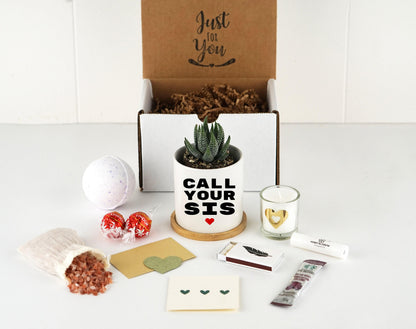 Call Your Sister Planter Gift - 3" White Ceramic Pot w/ Bamboo Tray, Sister Birthday Gift , Sister In Law Birthday Gift