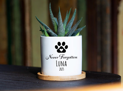 Never Forgotten Personalized Dog Memorial Gift Planter - 3" White Ceramic Pot w/ Bamboo Tray - Dog Sympathy Gift - Pet Memorial