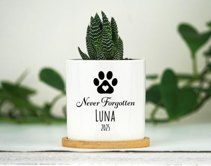 Never Forgotten Personalized Dog Memorial Gift Planter - 3" White Ceramic Pot w/ Bamboo Tray - Dog Sympathy Gift - Pet Memorial