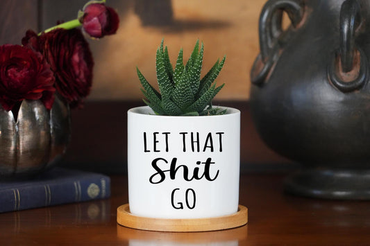 Bathroom Humor Planter - 3 Inch White Ceramic Pot w/ Bamboo Tray - Restroom Decor, Dorm Room Gift, Restroom Sayings, Wall Decor Bathroom