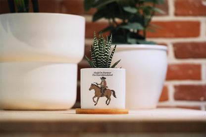 Hold On Partner I'm Overstimulated Planter - 3" Ceramic Pot w Tray - Funny Cowboy Frog Gift, Mental Health Gift, Unhinged, Coworker Gift