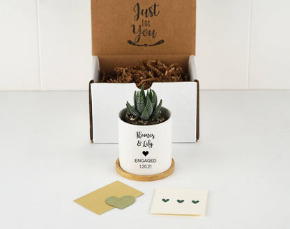 Personalized Engagement Gift Planter - 3" White Ceramic Pot w/ Bamboo Tray - Custom Succulent Pot - Newly Engaged - Couple Gift