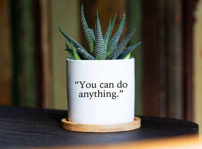 Custom Text Planter With Custom Text - 3" Mini White Ceramic Pot w/ Bamboo Tray - Personalized Succulent Pot - Any Personalization Available