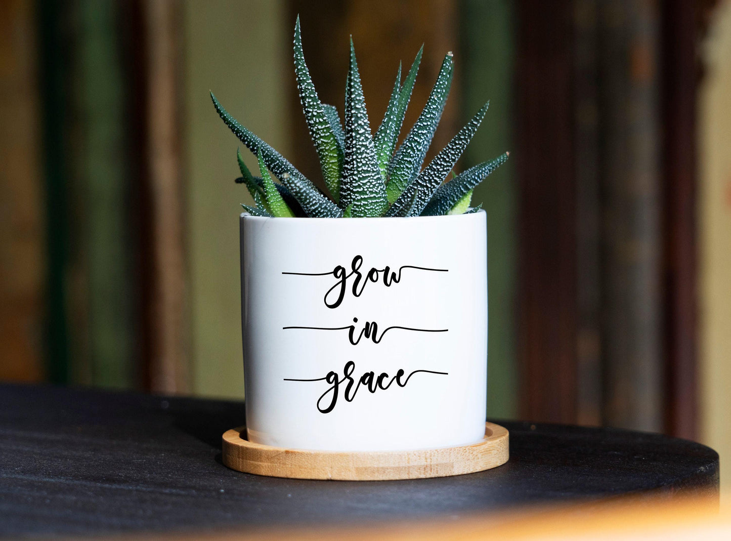 Grow In Grace Planter - 3" White Ceramic Pot w/ Tray - Kitchen Decor, Christian Home Decor, Living Room Decor, Christian Decor, Bible Gift