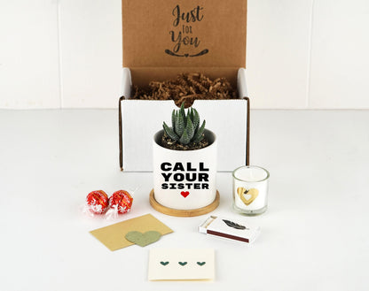 Call Your Sister Planter Gift - 3" White Ceramic Pot w/ Bamboo Tray, Sister Birthday Gift , Sister In Law Birthday Gift
