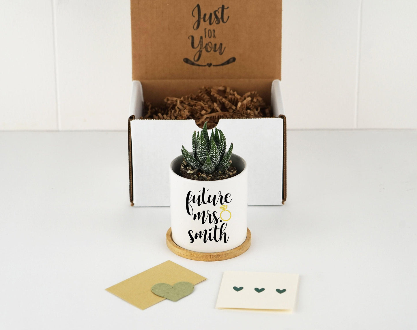 Personalized Planter Engagement Gift - 3" White Ceramic Pot w/ Bamboo Tray - Custom Succulent Pot - Newly Engaged - Future Mr. & Mrs.
