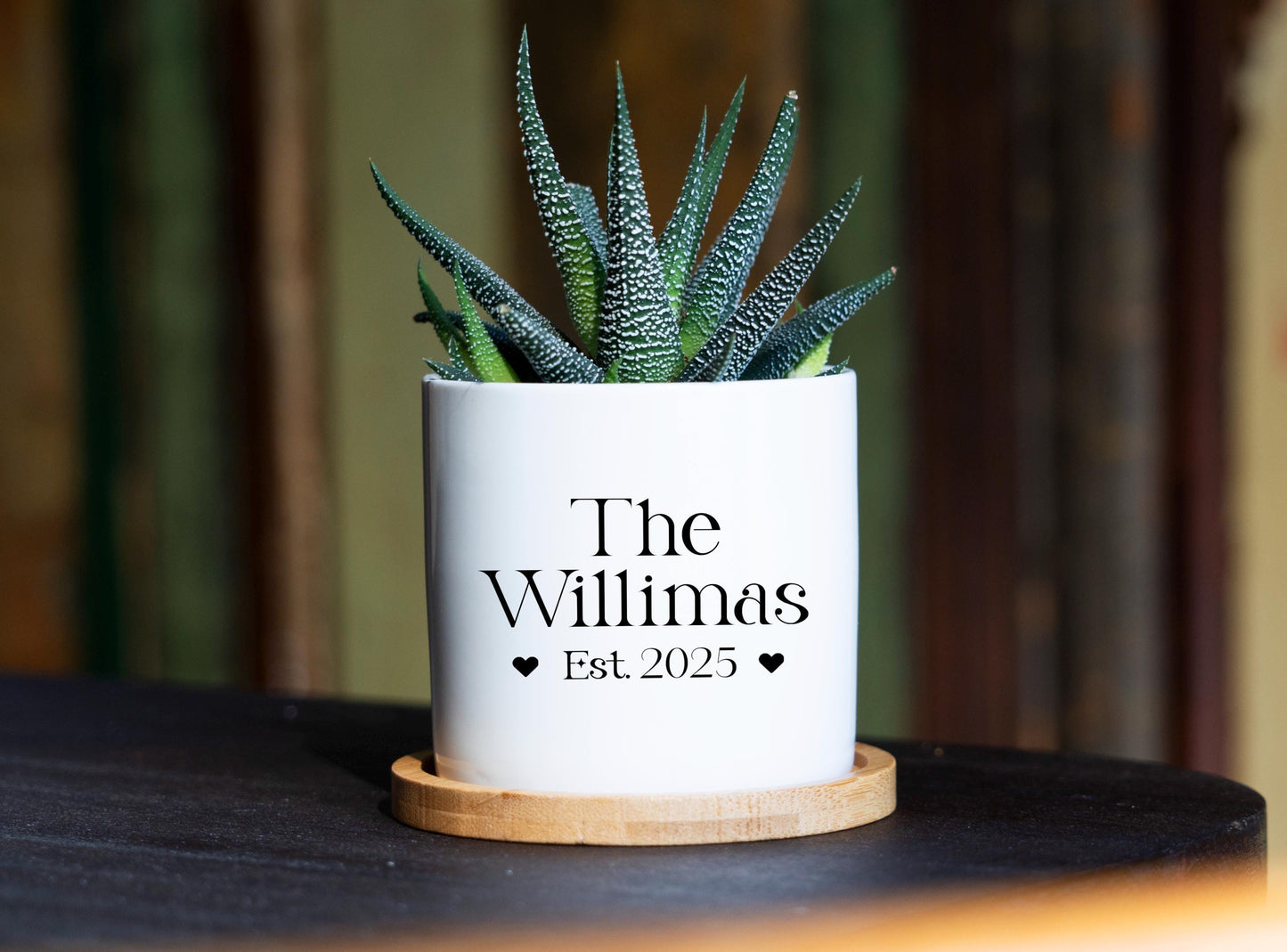 New Home Gift Planter - 3" Mini White Ceramic Pot w/ Bamboo Tray - Moving Away - Housewarming Gift - First Home Decor  - New House Gift