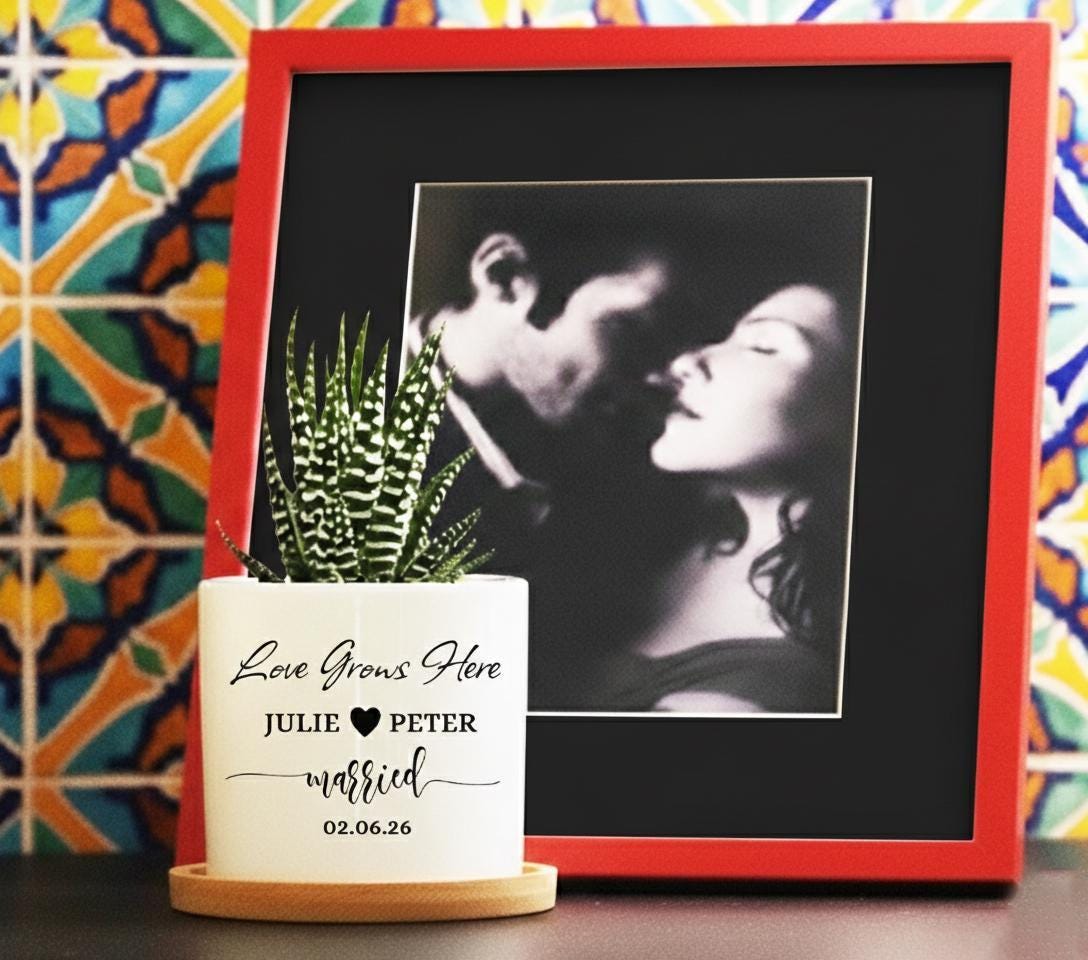 Personalized Wedding Planter Pot, Newlywed Engraved  Gift 3" White Ceramic Pot w/ Bamboo Tray - gift for couple - anniversary spa gift box