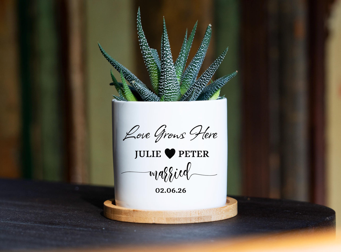 Personalized Wedding Planter Pot, Newlywed Engraved  Gift 3" White Ceramic Pot w/ Bamboo Tray - gift for couple - anniversary spa gift box