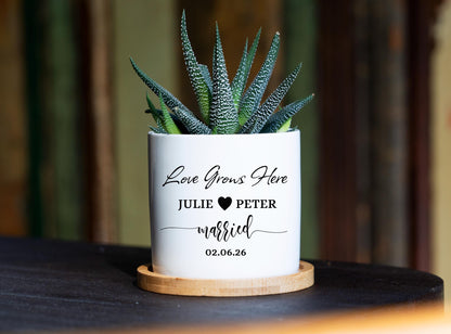 Personalized Wedding Planter Pot, Newlywed Engraved  Gift 3" White Ceramic Pot w/ Bamboo Tray - gift for couple - anniversary spa gift box