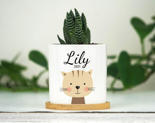 Personalized Baby Name Planter - 3" White Ceramic Pot w/ Bamboo Tray - New Baby Gift - Custom Baby Animal Gift - Kids Name Gift Box - Fox