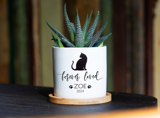 Personalized Cat Memorial Gift Planter - 3" White Ceramic Pot - Forever Loved - Cat Sympathy Gift, Pet Memorial, Cat Planter, Cat Loss Gifts