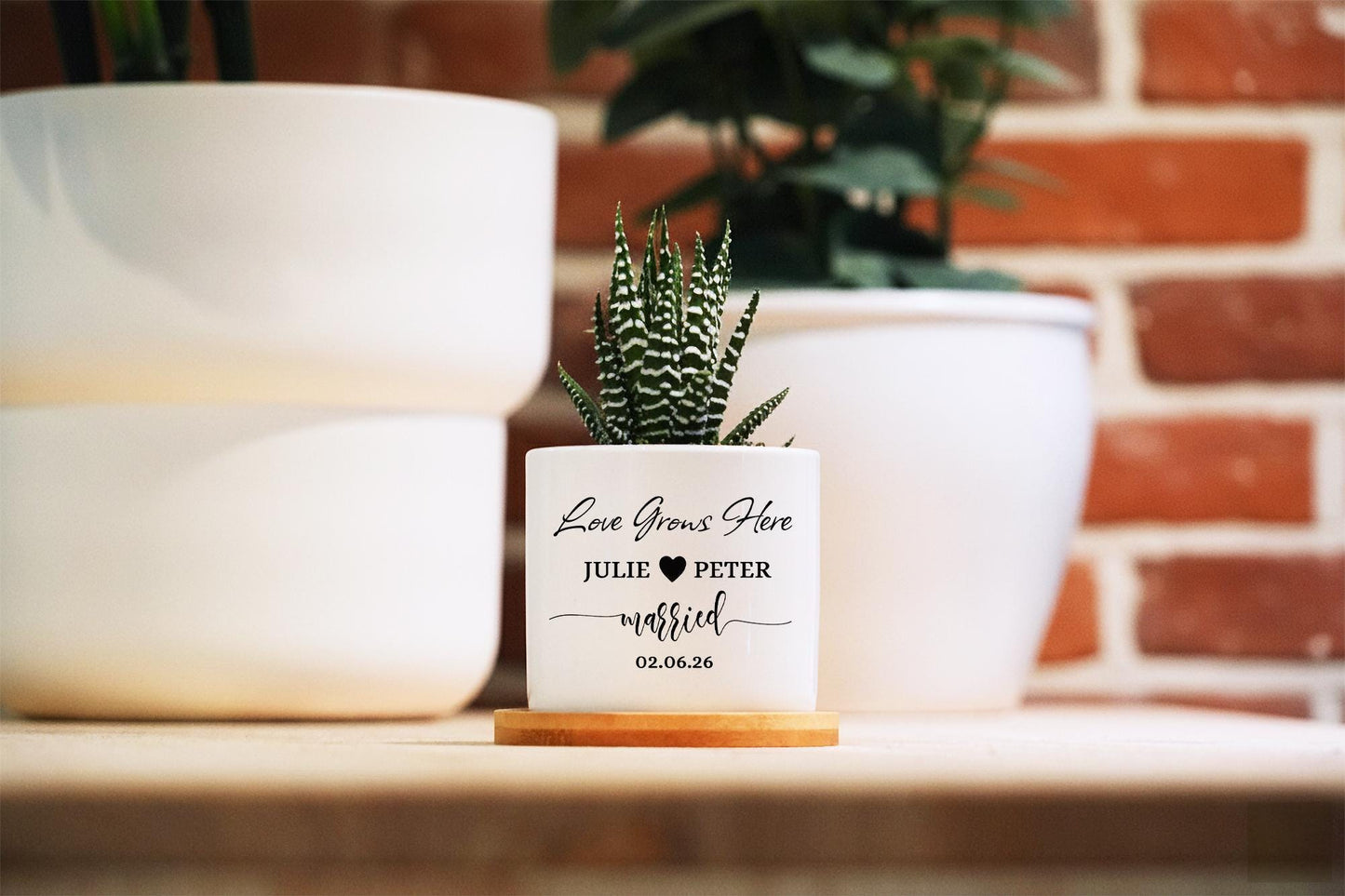 Personalized Wedding Planter Pot, Newlywed Engraved  Gift 3" White Ceramic Pot w/ Bamboo Tray - gift for couple - anniversary spa gift box