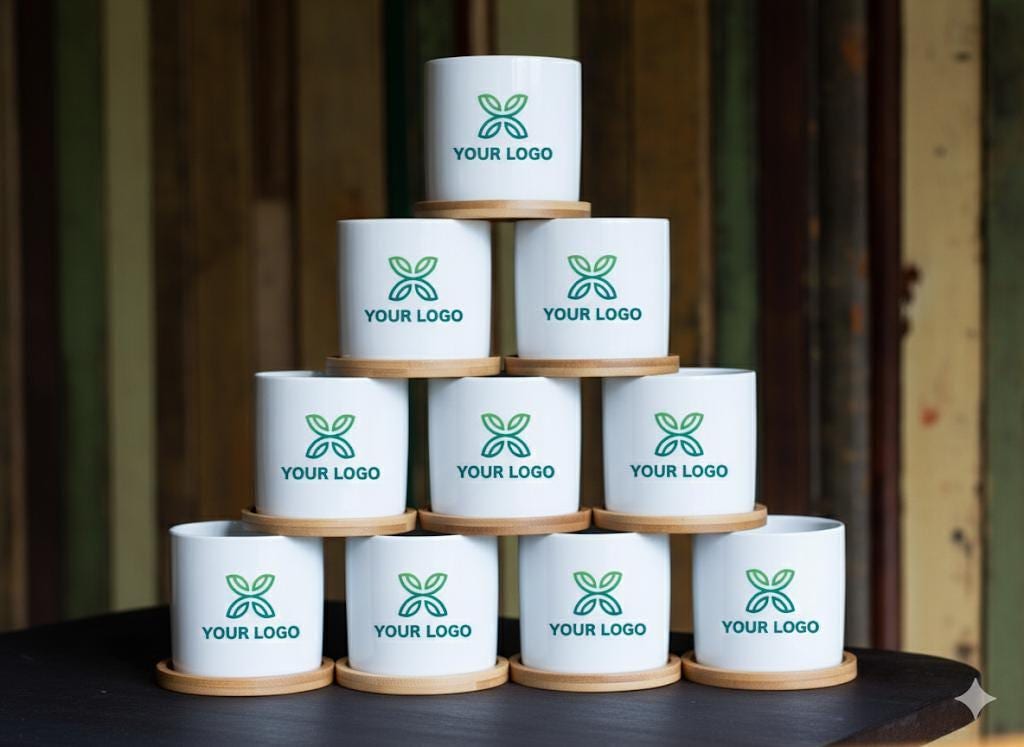 Custom Logo Planter  - 3 Inch White Ceramic Pot w/ Tray - Bulk Corporate Gift - Company Gift - Co-worker Gift, Event Planner