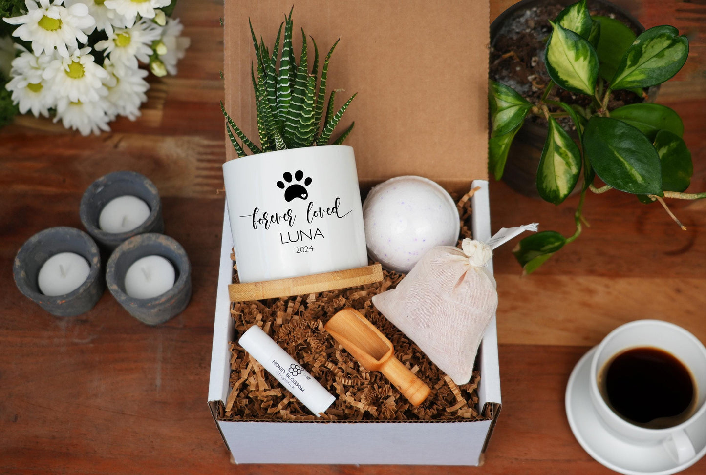 Personalized Dog Memorial Gift Planter - 3" White Ceramic Pot w/ Bamboo Tray - "Forever Loved" - Pet Memorial