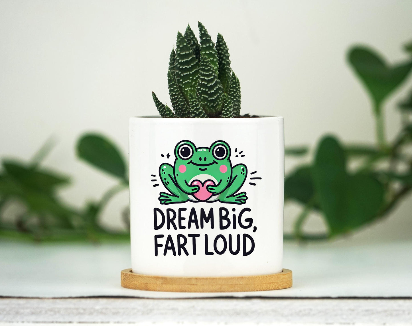 Bathroom Humor Planter - 3 Inch White Ceramic Pot w/ Bamboo Tray - Restroom Decor, Restroom Sayings, Fart Loud, Funny Bathroom Signs