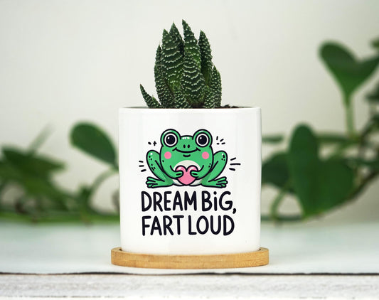 Bathroom Humor Planter - 3 Inch White Ceramic Pot w/ Bamboo Tray - Restroom Decor, Restroom Sayings, Fart Loud, Funny Bathroom Signs