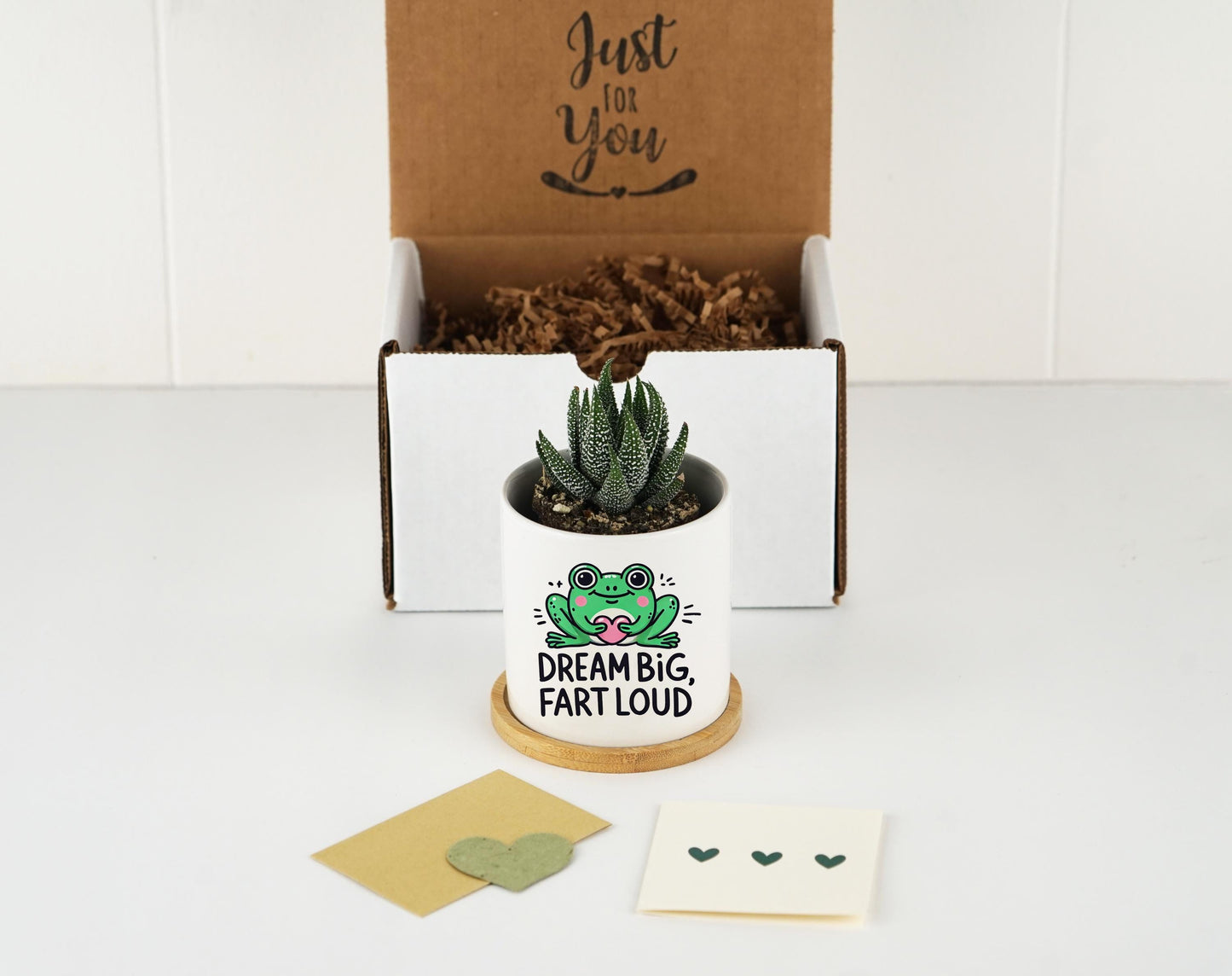 Bathroom Humor Planter - 3 Inch White Ceramic Pot w/ Bamboo Tray - Restroom Decor, Restroom Sayings, Fart Loud, Funny Bathroom Signs