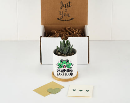 Bathroom Humor Planter - 3 Inch White Ceramic Pot w/ Bamboo Tray - Restroom Decor, Restroom Sayings, Fart Loud, Funny Bathroom Signs