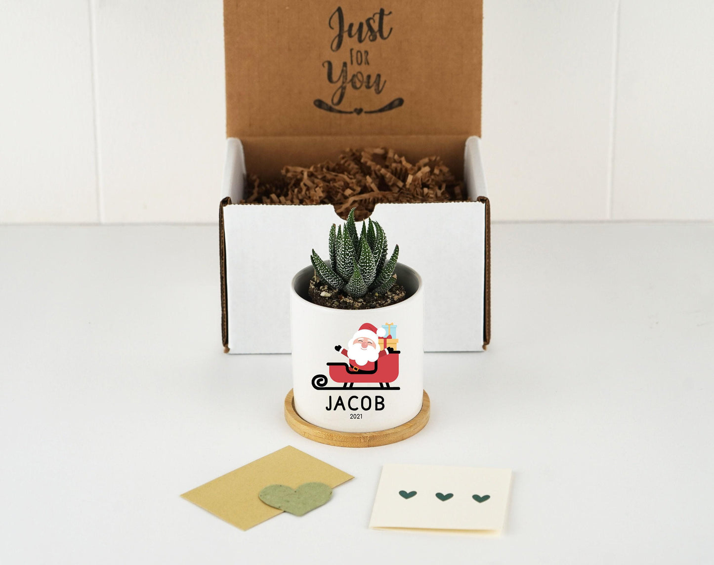 Personalized Christmas Baby Name Planter - 3" White Ceramic Pot w/ Bamboo Tray - New Baby Gift - Kids Name Gift Box - Baby Announcement
