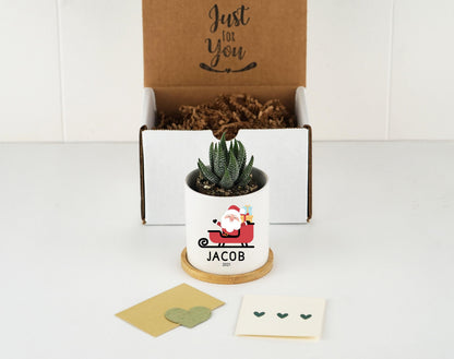 Personalized Christmas Baby Name Planter - 3" White Ceramic Pot w/ Bamboo Tray - New Baby Gift - Kids Name Gift Box - Baby Announcement