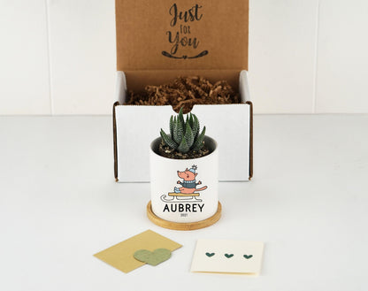 Personalized Christmas Baby Name Planter - 3" White Ceramic Pot w/ Bamboo Tray - New Baby Gift - Kids Name Gift Box - Baby Announcement