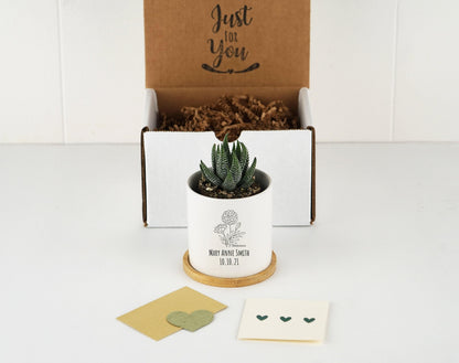 Personalized Birth Flower Pot - 3" Mini White Ceramic Pot w/ Bamboo Tray - Custom Succulent Pot - New Baby Gift - Plant Lover Gift