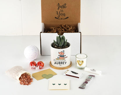 Personalized Christmas Baby Name Planter - 3" White Ceramic Pot w/ Bamboo Tray - New Baby Gift - Kids Name Gift Box - Baby Announcement