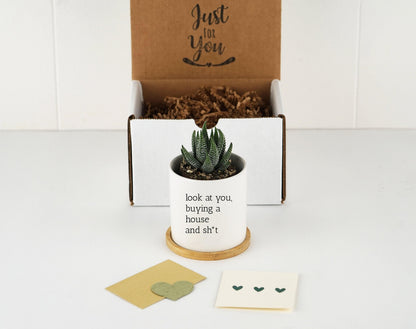 New Home Gift Planter - 3" Mini White Ceramic Pot w/ Bamboo Tray - Moving Away - Housewarming Gift - First Home Decor  - New House Gift