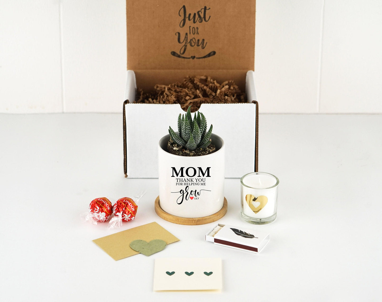 Personalized Mom Gift - 3" White Ceramic Pot w/ Bamboo Tray - Mom Christmas Gift For Her - I Love Mom - Custom Gift For Mom -  Mom Gift box