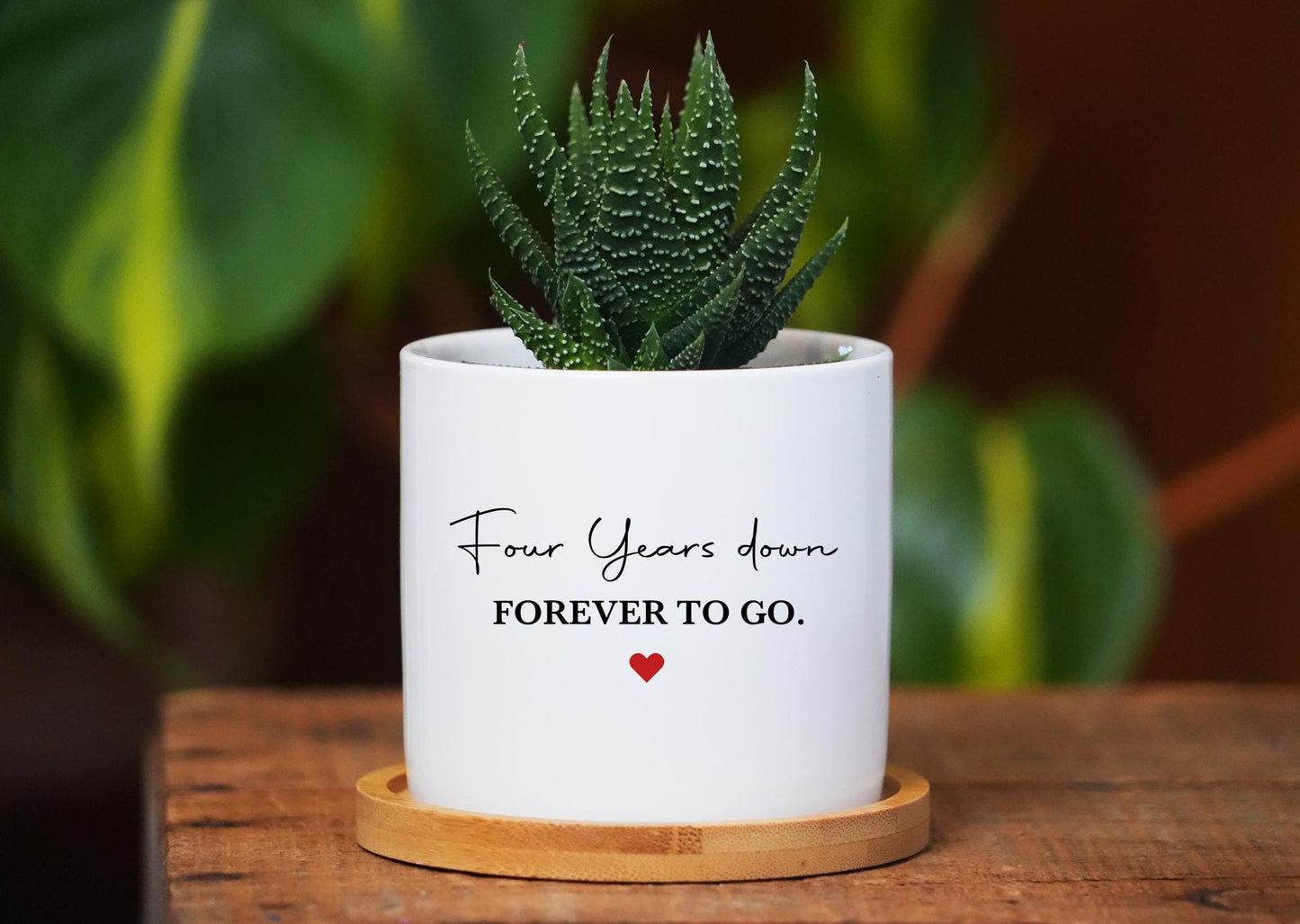Four Year Anniversary Gift - 3" White Ceramic Pot w/ Bamboo Tray, Custom Succulent Pot, 4th Year Anniversary, Wedding Anniversary Gift