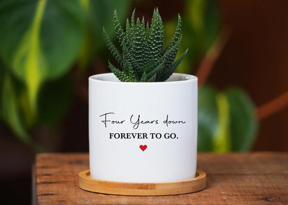 Four Year Anniversary Gift - 3" White Ceramic Pot w/ Bamboo Tray, Custom Succulent Pot, 4th Year Anniversary, Wedding Anniversary Gift